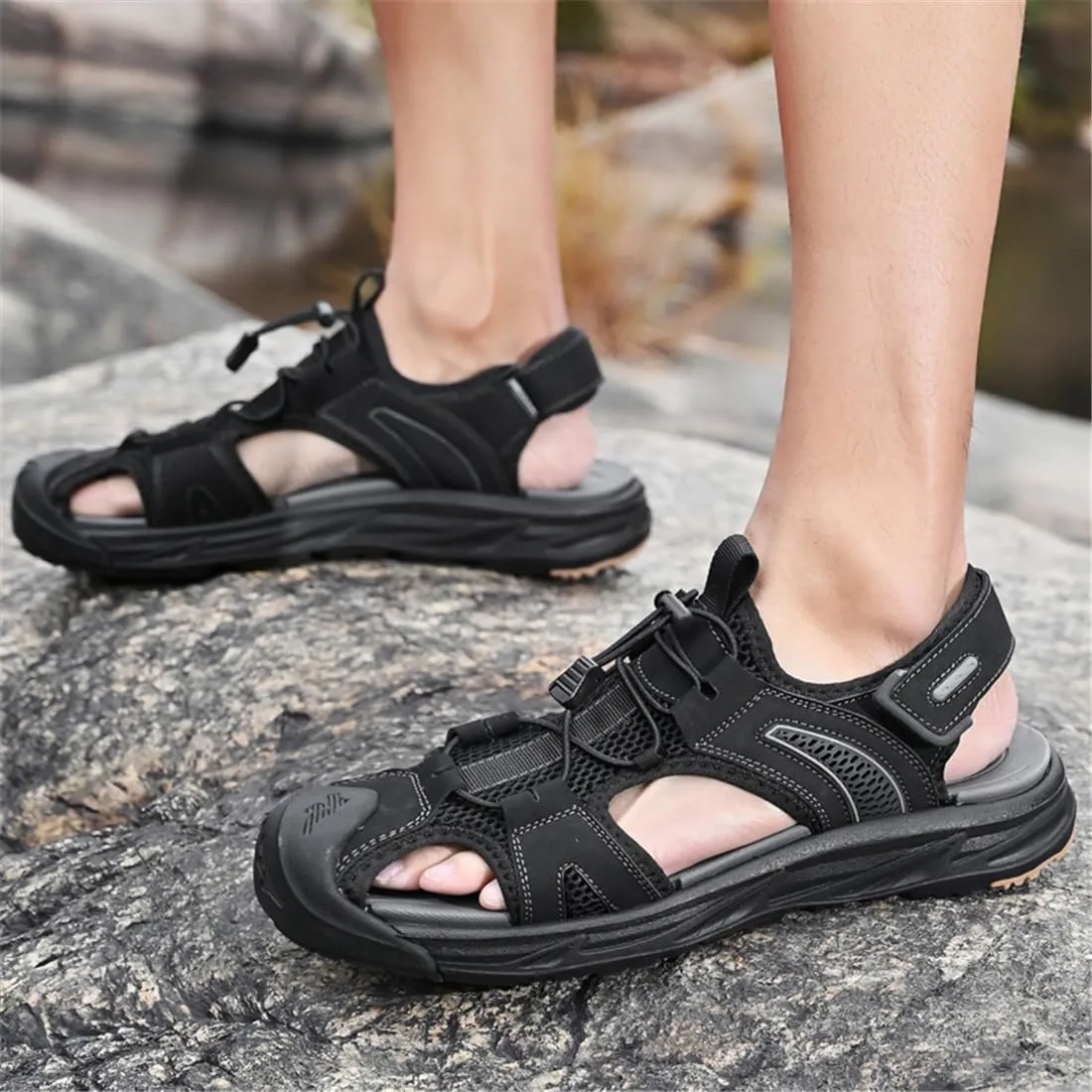 ailishabroy Mens Sandals Leather Hiking Slides Sport Slippers Fisherman Beach Shoes Closed Toe