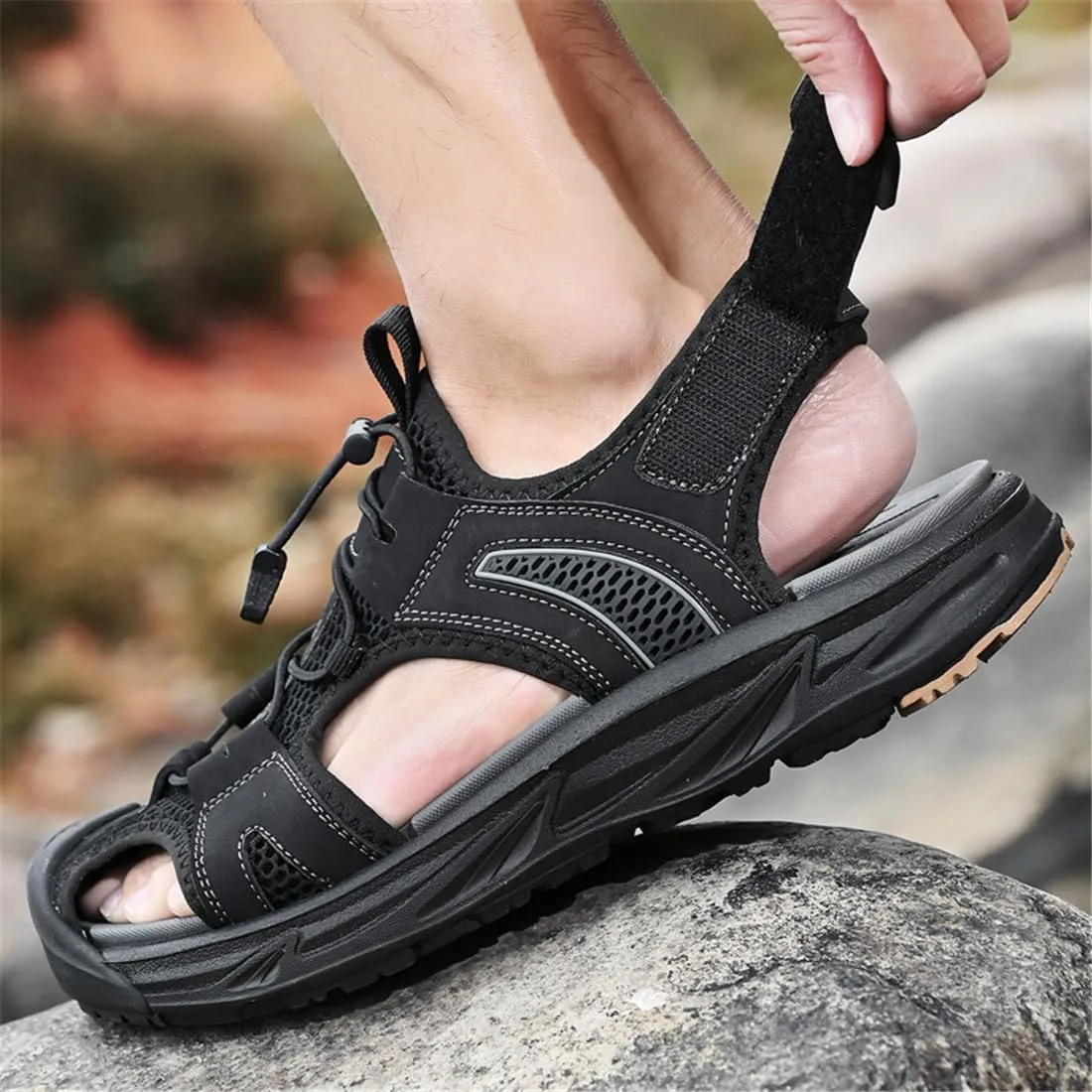 ailishabroy Mens Sandals Leather Hiking Slides Sport Slippers Fisherman Beach Shoes Closed Toe