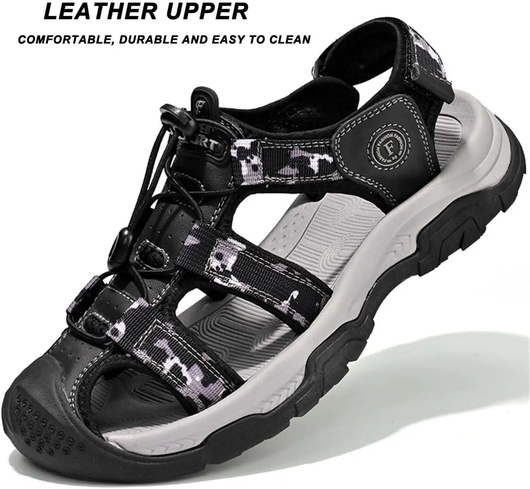 ailishabroy Mens Sandals Leather Hiking Slides Sport Slippers Fisherman Beach Shoes Closed Toe