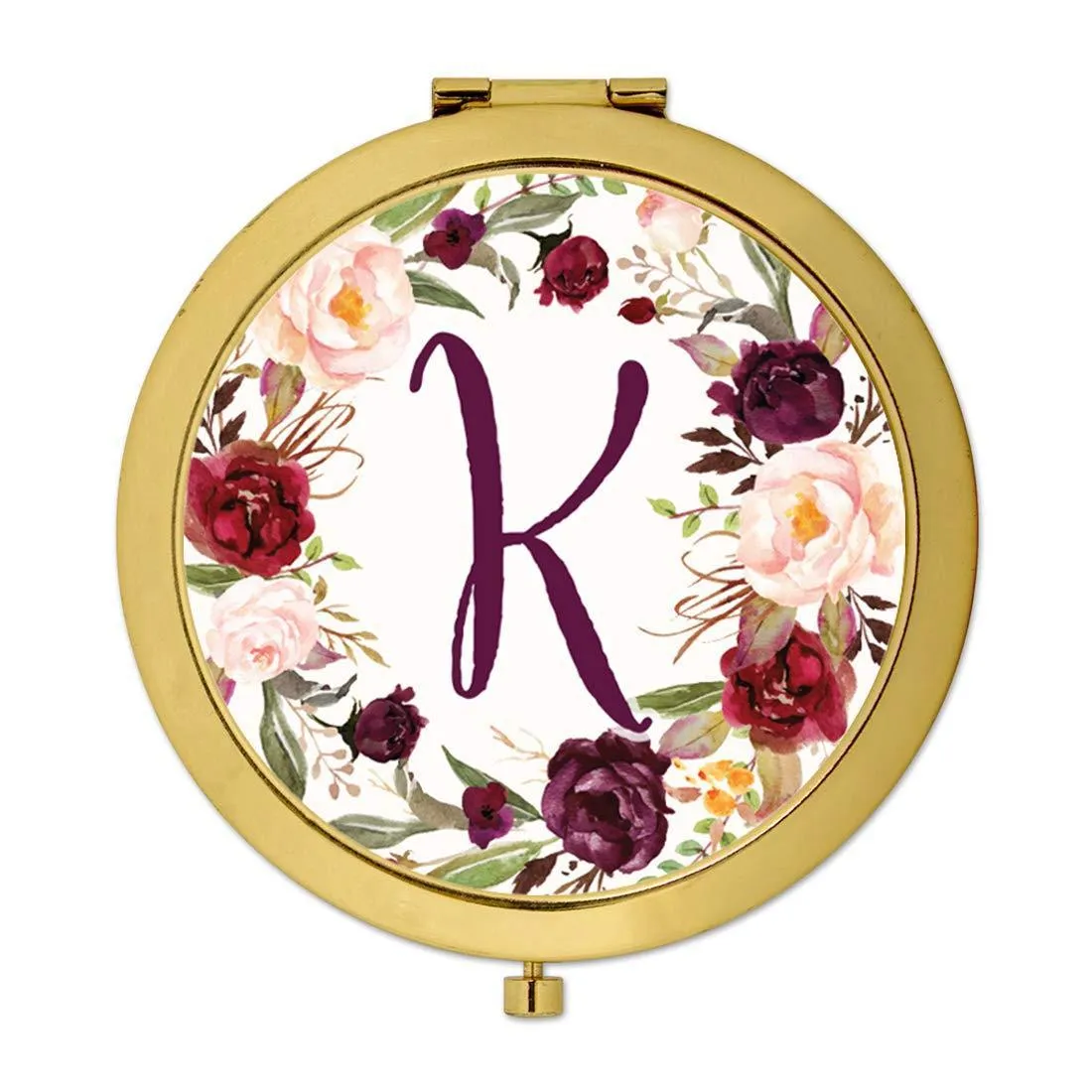 Andaz Press Marsala Burgundy Maroon Flowers on White Monogram Gold Compact Mirror