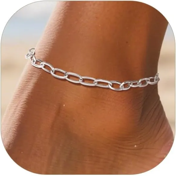 Ankle Bracelets for Women,14K Gold/Steel/Black Plated Stainless Steel Paperclip/Cuban Link/Figaro Chain Anklets for Women Waterproof,Trendy Dainty Layered Anklet Chain Sets for Ladies Wife Beach Jewelry Gifts Adjustable 8.5 inches 5cm