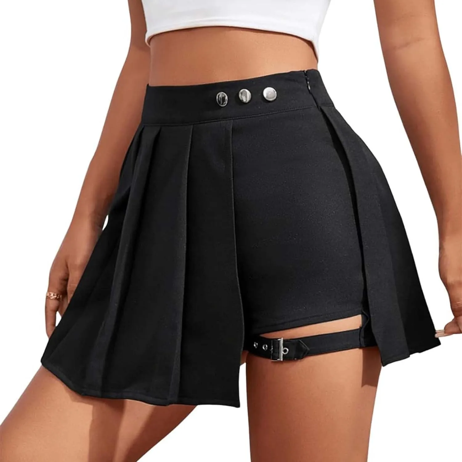 Asymmetrical Skirts for Women High Waisted Mini Length Casual Skirt with Leg Strap Detail and Lightweight Stretch