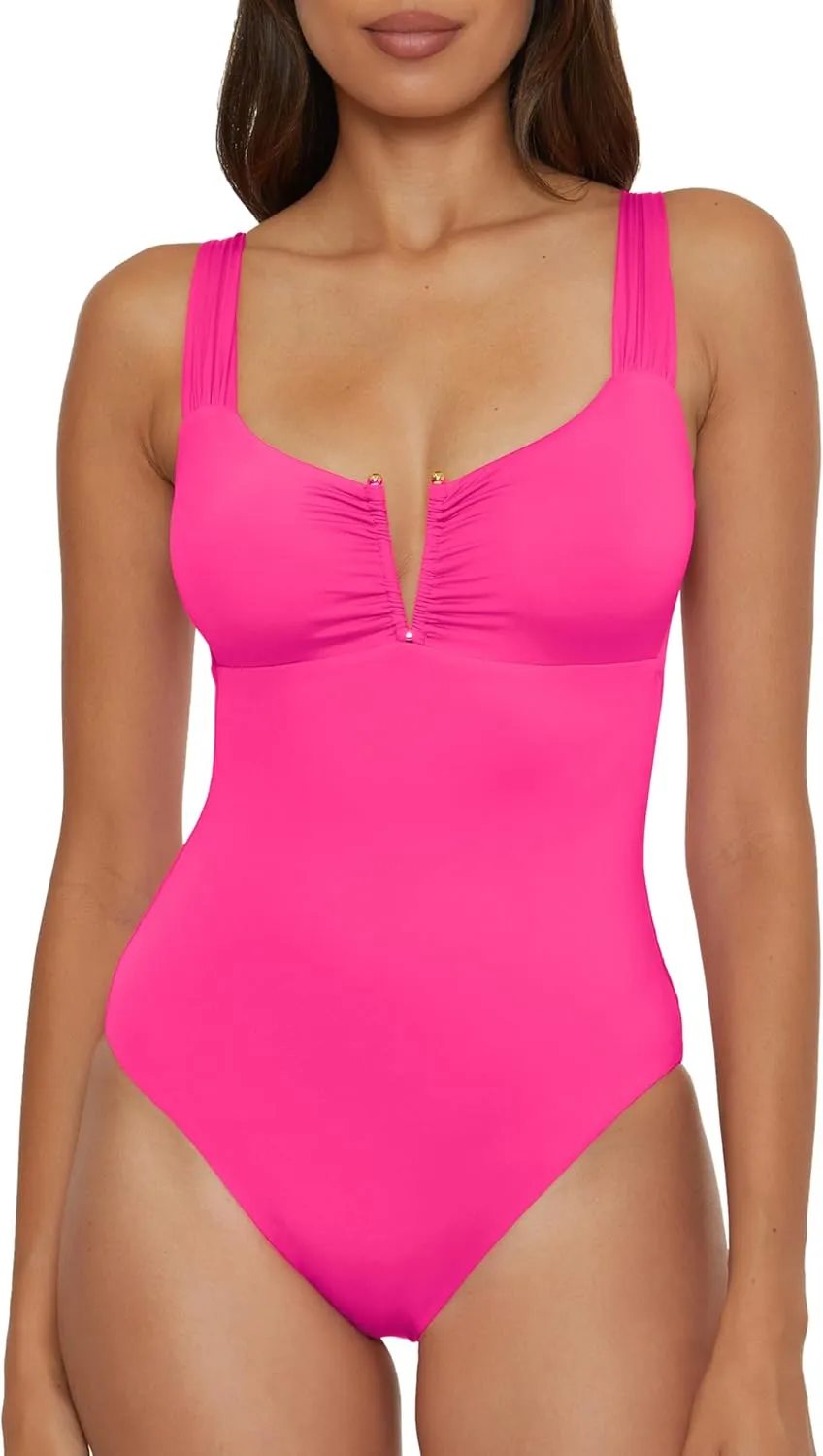 BECCA Women's Standard Color Code V-Wire Shirred One Piece Swimsuit, Plunge Neck, Bathing Suits