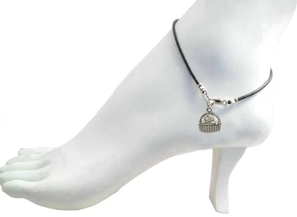 Black Leather 9" Anklet with Cat in Basket Charm ~ Sterling Silver Clasp