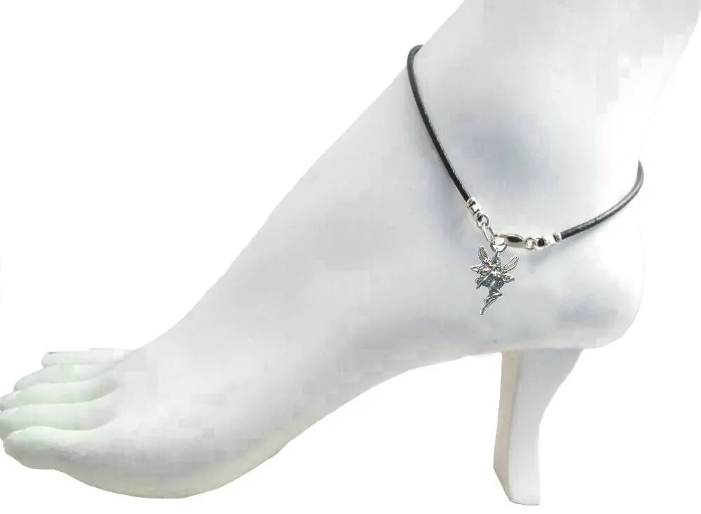 Black Leather 9" Anklet with Silver Tone Fairy Charm ~ Sterling Silver Clasp