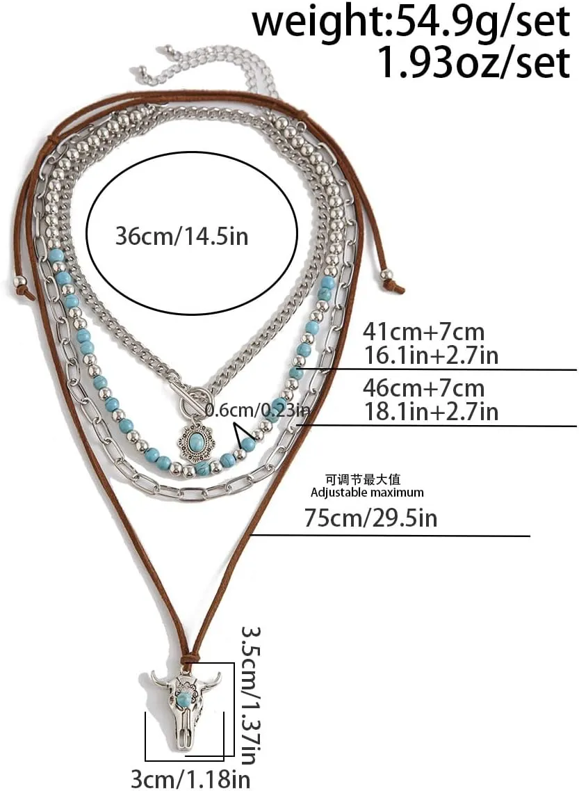 Boho Layered Turquoise Stone Choker Y Necklace Cowboy Hat Charm Necklace Suede Rope Paperclip Link Chain for Women