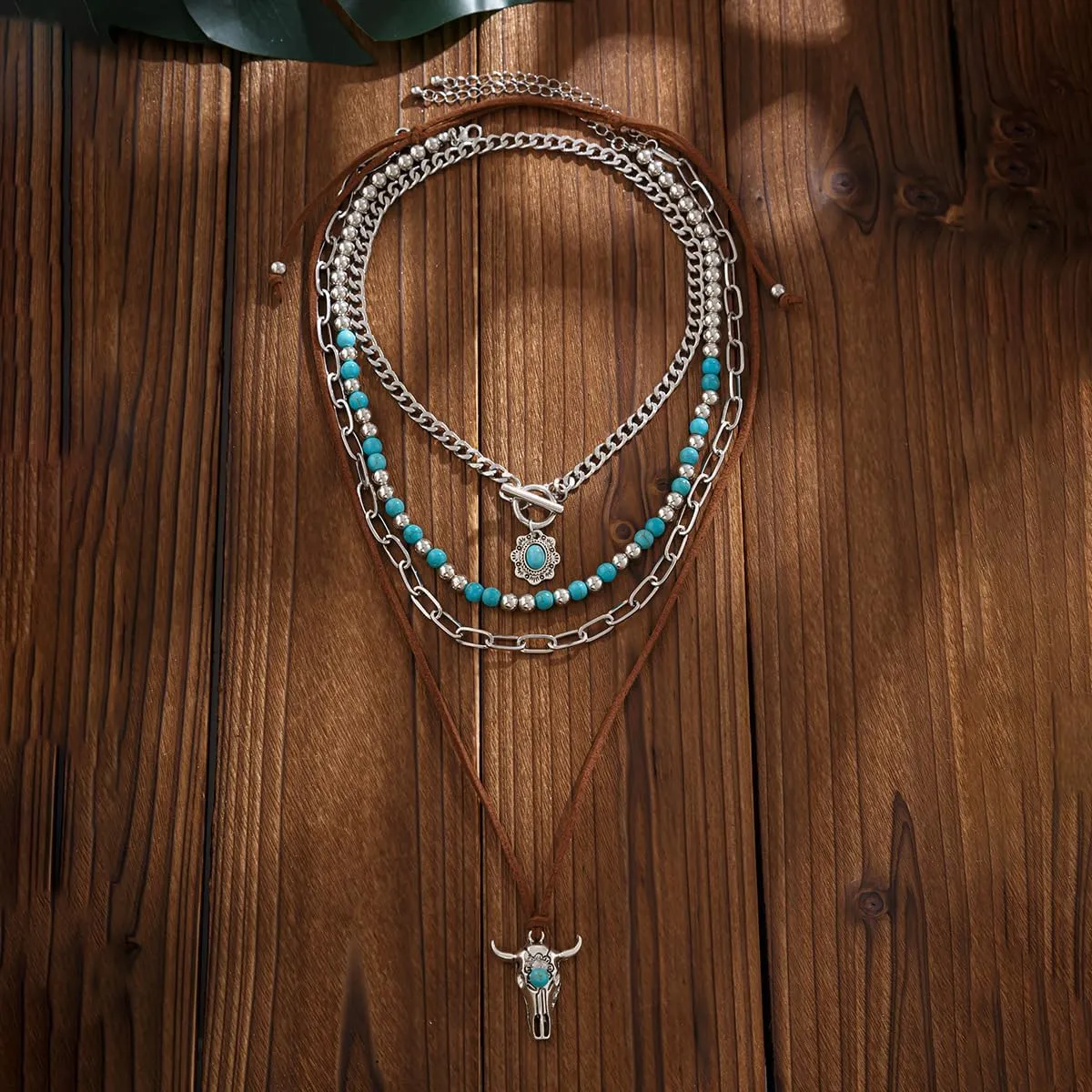 Boho Layered Turquoise Stone Choker Y Necklace Cowboy Hat Charm Necklace Suede Rope Paperclip Link Chain for Women