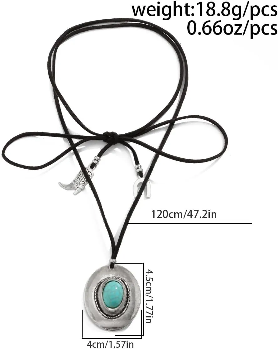 Boho Layered Turquoise Stone Choker Y Necklace Cowboy Hat Charm Necklace Suede Rope Paperclip Link Chain for Women
