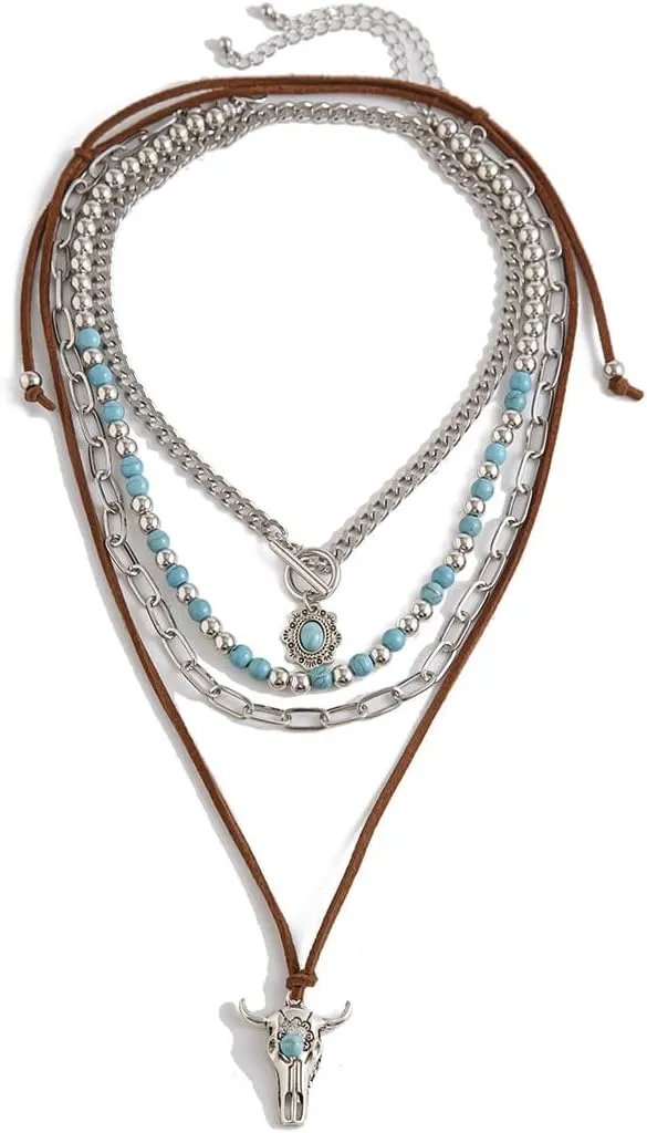 Boho Layered Turquoise Stone Choker Y Necklace Cowboy Hat Charm Necklace Suede Rope Paperclip Link Chain for Women
