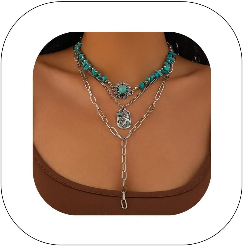 Boho Layered Turquoise Stone Choker Y Necklace Cowboy Hat Charm Necklace Suede Rope Paperclip Link Chain for Women