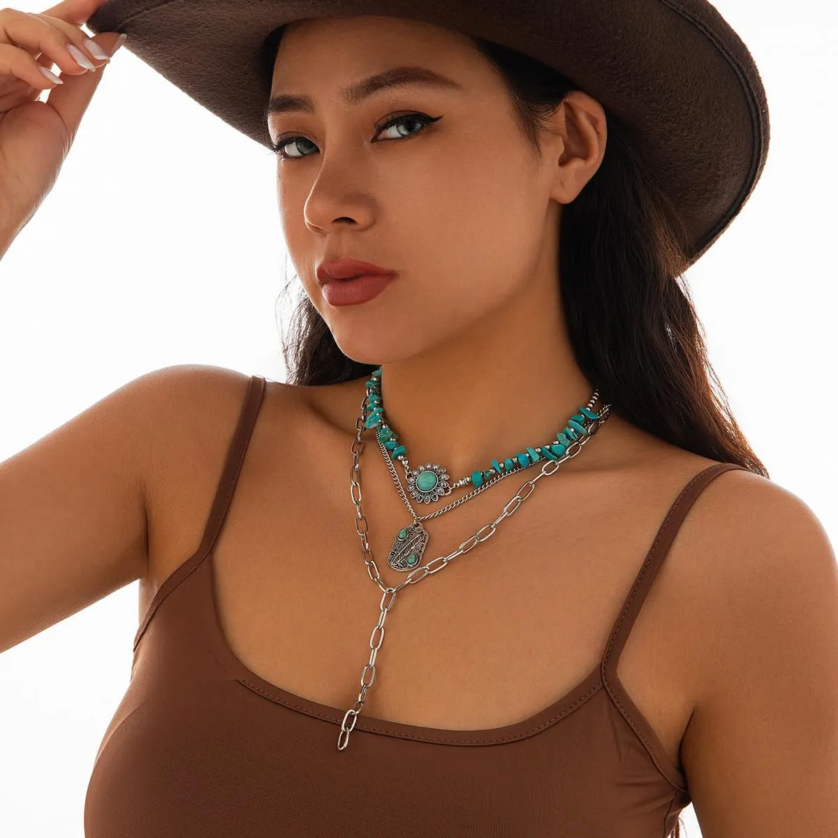Boho Layered Turquoise Stone Choker Y Necklace Cowboy Hat Charm Necklace Suede Rope Paperclip Link Chain for Women