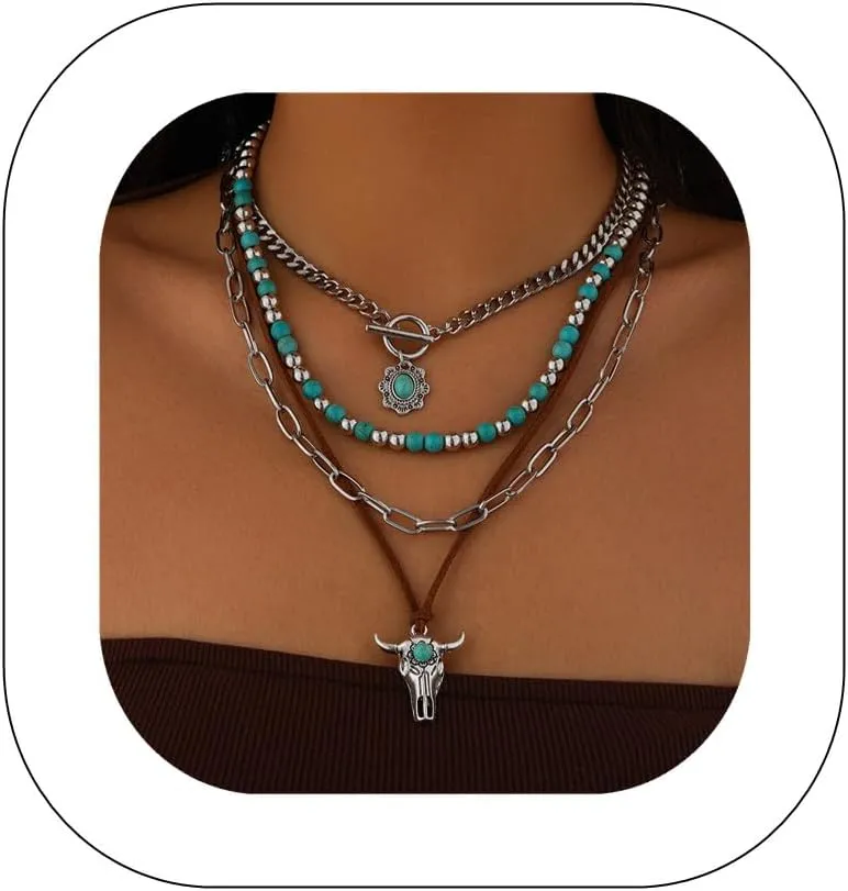 Boho Layered Turquoise Stone Choker Y Necklace Cowboy Hat Charm Necklace Suede Rope Paperclip Link Chain for Women