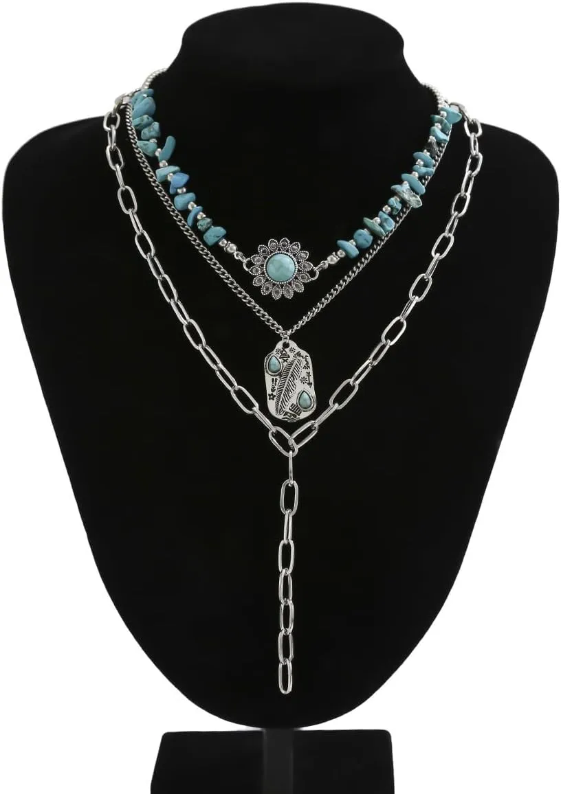 Boho Layered Turquoise Stone Choker Y Necklace Cowboy Hat Charm Necklace Suede Rope Paperclip Link Chain for Women