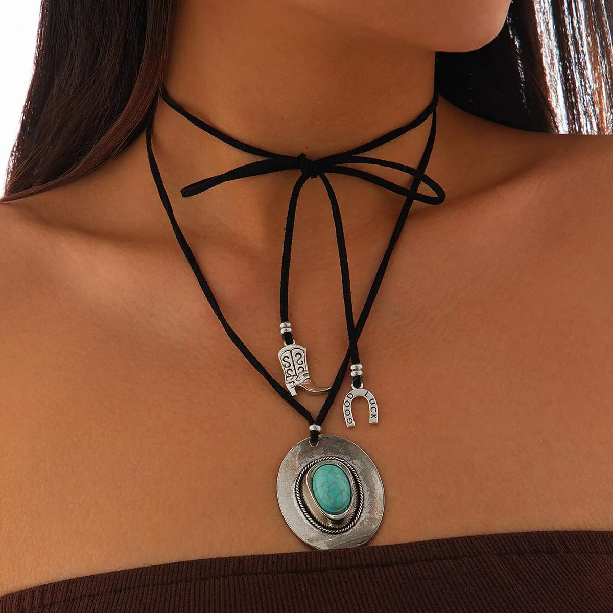 Boho Layered Turquoise Stone Choker Y Necklace Cowboy Hat Charm Necklace Suede Rope Paperclip Link Chain for Women