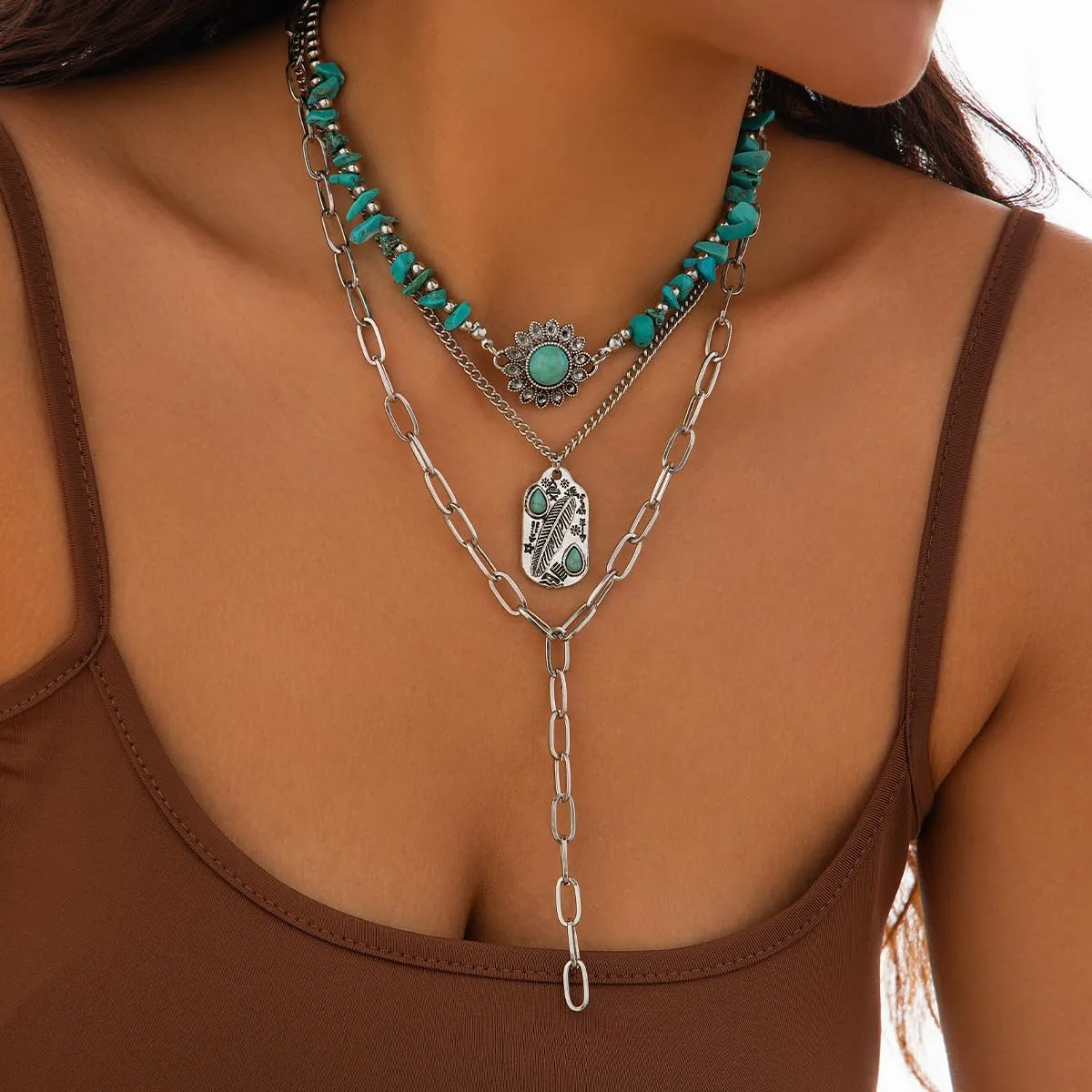 Boho Layered Turquoise Stone Choker Y Necklace Cowboy Hat Charm Necklace Suede Rope Paperclip Link Chain for Women
