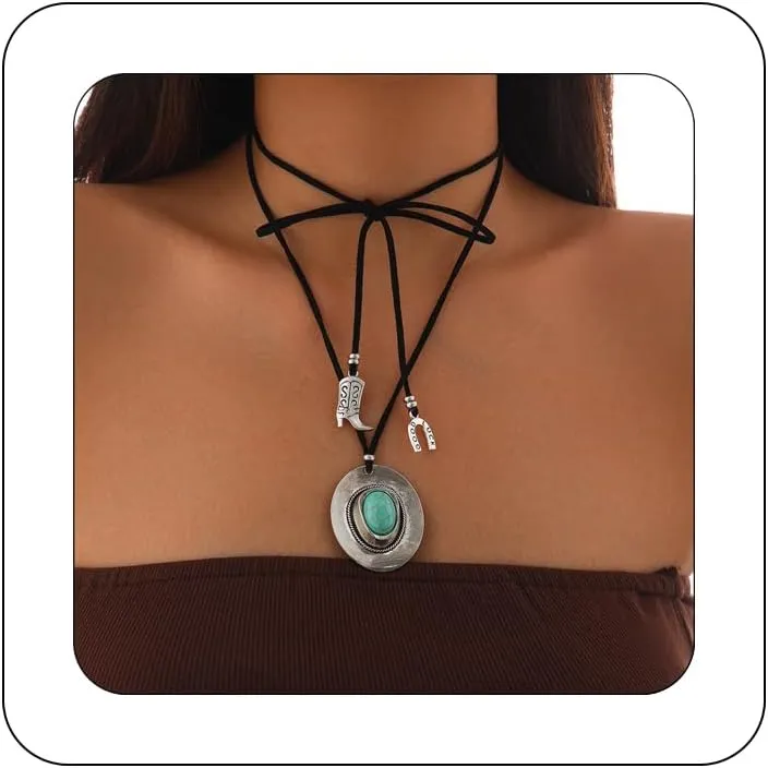Boho Layered Turquoise Stone Choker Y Necklace Cowboy Hat Charm Necklace Suede Rope Paperclip Link Chain for Women