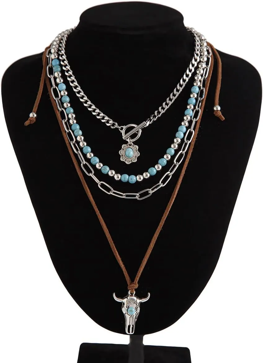 Boho Layered Turquoise Stone Choker Y Necklace Cowboy Hat Charm Necklace Suede Rope Paperclip Link Chain for Women
