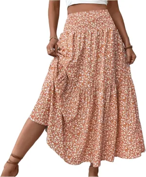 Boho Long Skirts for Women High Elastic Waist Midi Skirt Casual Summer Trendy Tie Ruffle Floral Print A line Skirts