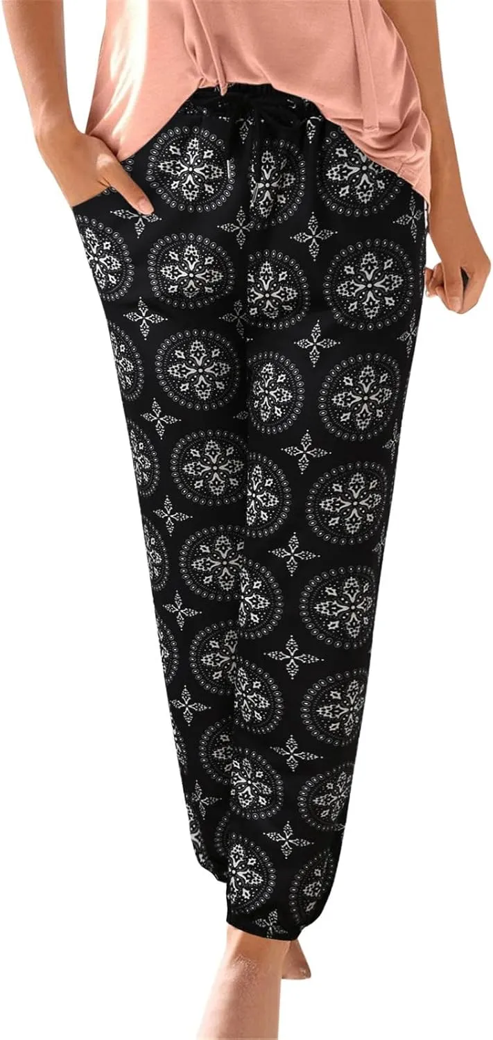 Boho Pants for Womens Summer Beach Lightweight High Waisted Elastic Drawstring Tapered Pants Casual Loose Fit Trousers