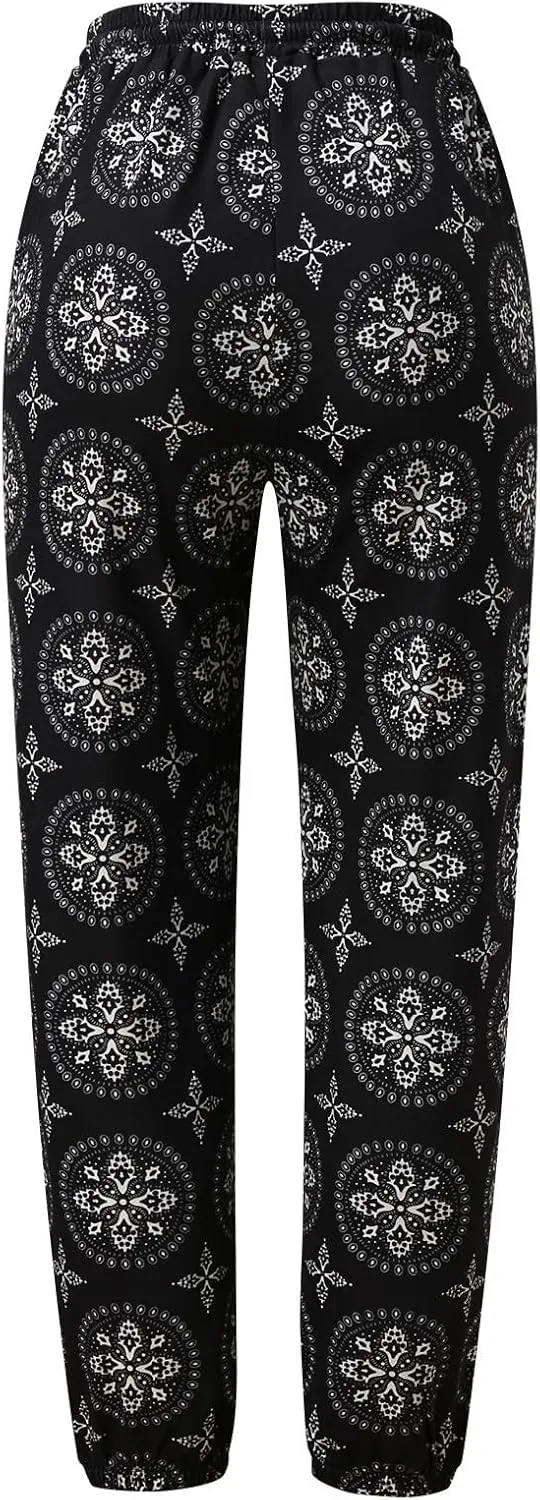 Boho Pants for Womens Summer Beach Lightweight High Waisted Elastic Drawstring Tapered Pants Casual Loose Fit Trousers