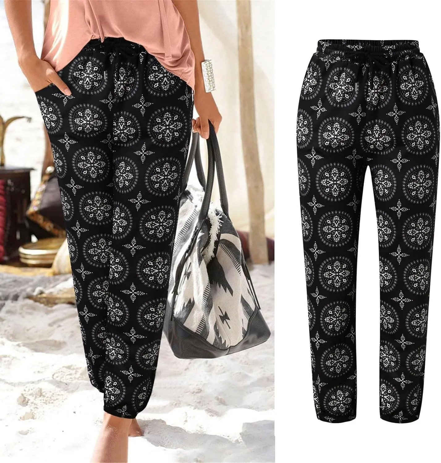 Boho Pants for Womens Summer Beach Lightweight High Waisted Elastic Drawstring Tapered Pants Casual Loose Fit Trousers