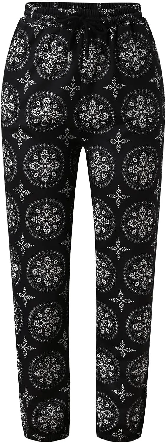 Boho Pants for Womens Summer Beach Lightweight High Waisted Elastic Drawstring Tapered Pants Casual Loose Fit Trousers