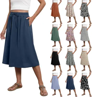 Boho Skirts for Women Midi Length High Waisted Pleated Flowy Skirt Floral Casual Stretch Beach A Line Skirt w/Pockets