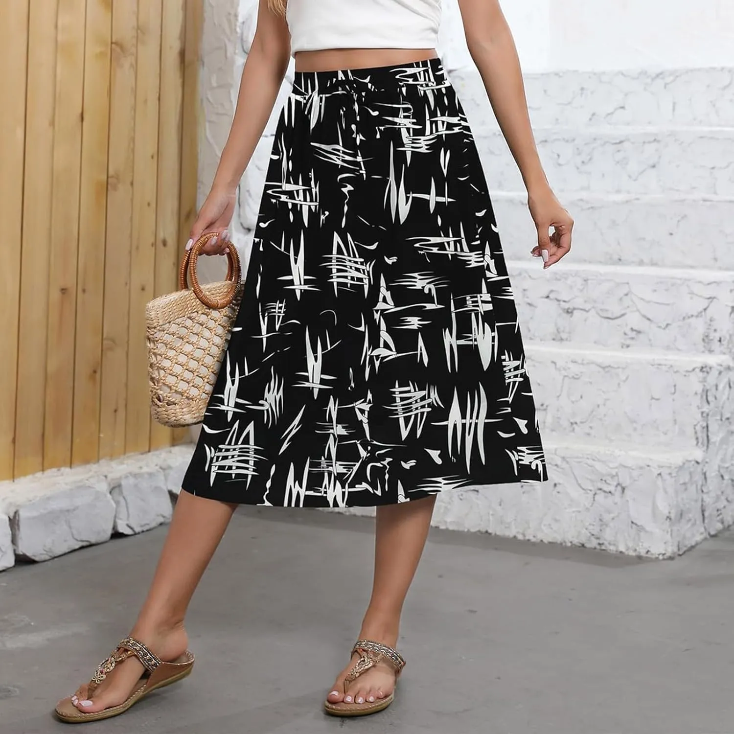 Boho Skirts for Women Trendy Summer Flowy Floral Midi Skirts with Pockets Lightweight Drawstring High Waisted Skirts