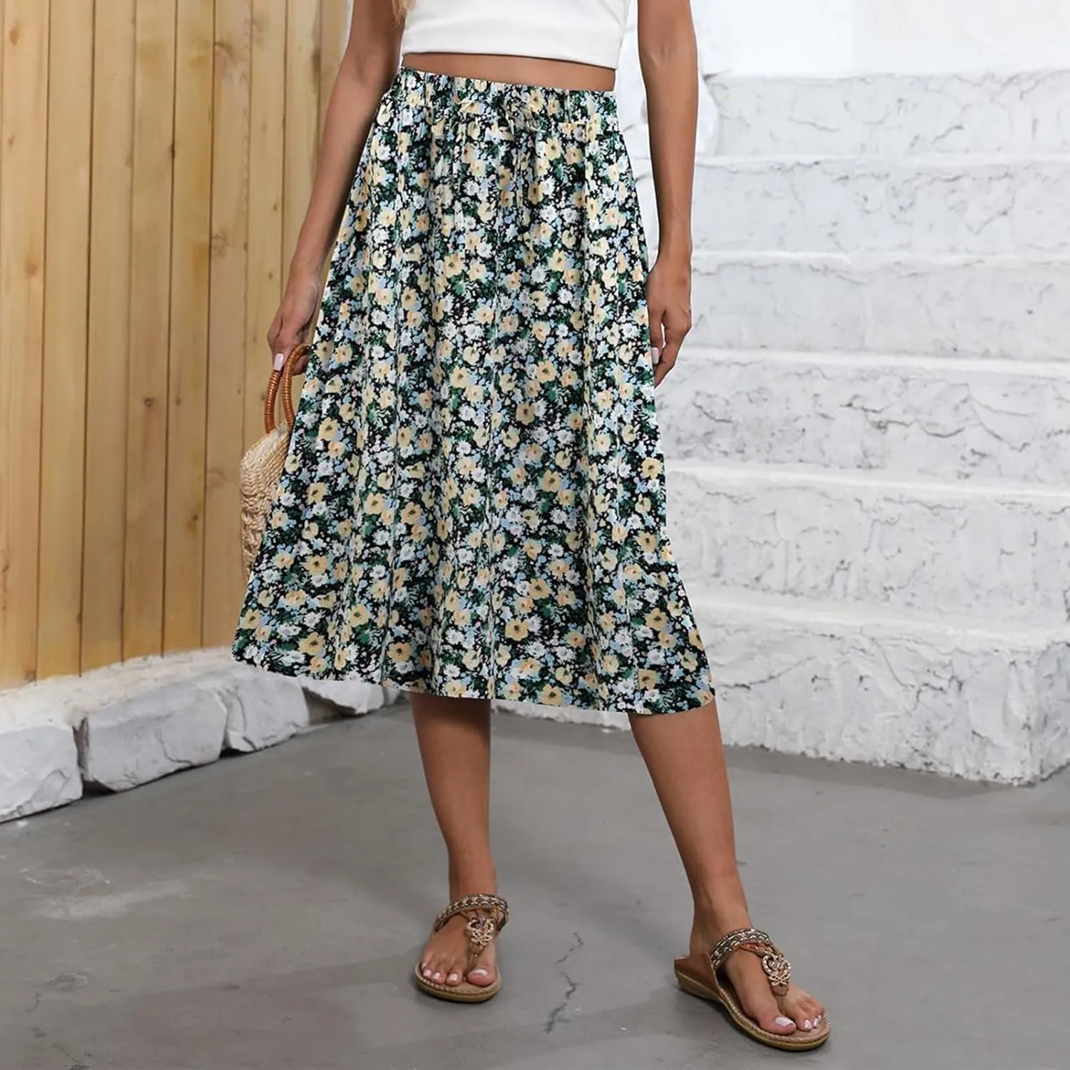 Boho Skirts for Women Trendy Summer Flowy Floral Midi Skirts with Pockets Lightweight Drawstring High Waisted Skirts