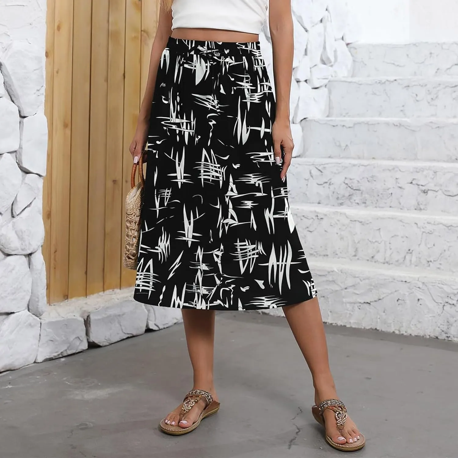 Boho Skirts for Women Trendy Summer Flowy Floral Midi Skirts with Pockets Lightweight Drawstring High Waisted Skirts