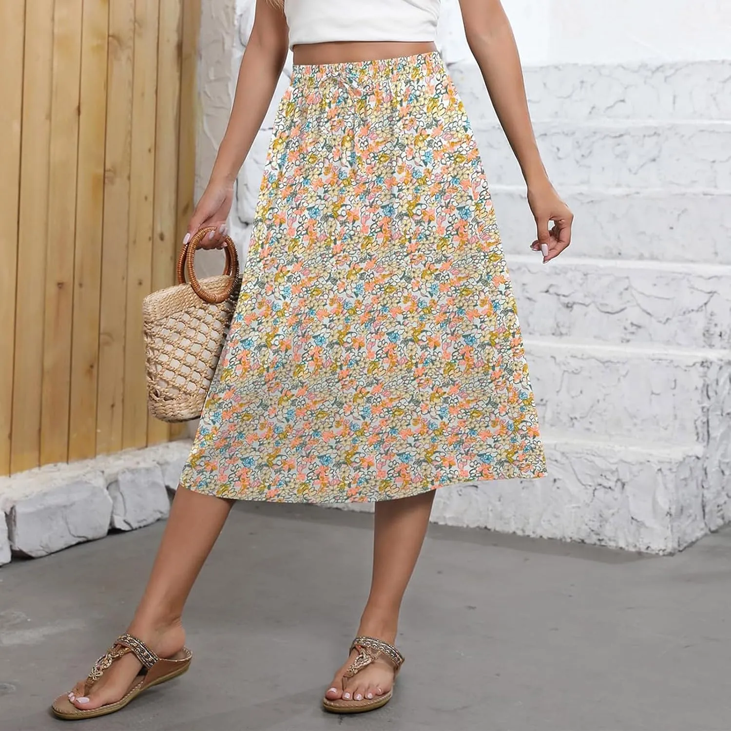 Boho Skirts for Women Trendy Summer Flowy Floral Midi Skirts with Pockets Lightweight Drawstring High Waisted Skirts