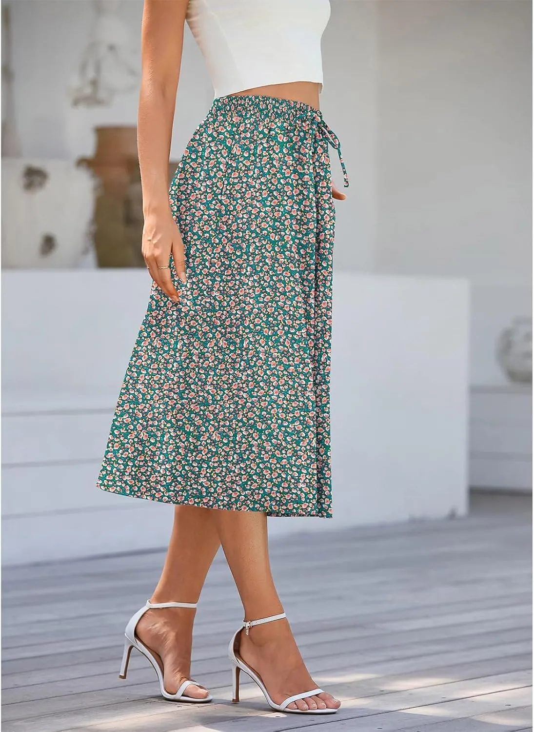 Boho Skirts for Women Trendy Summer Flowy Floral Midi Skirts with Pockets Lightweight Drawstring High Waisted Skirts