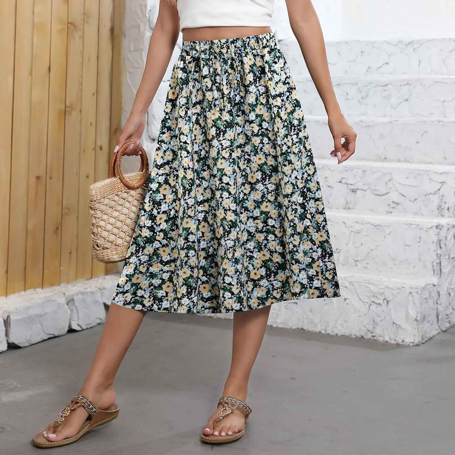 Boho Skirts for Women Trendy Summer Flowy Floral Midi Skirts with Pockets Lightweight Drawstring High Waisted Skirts