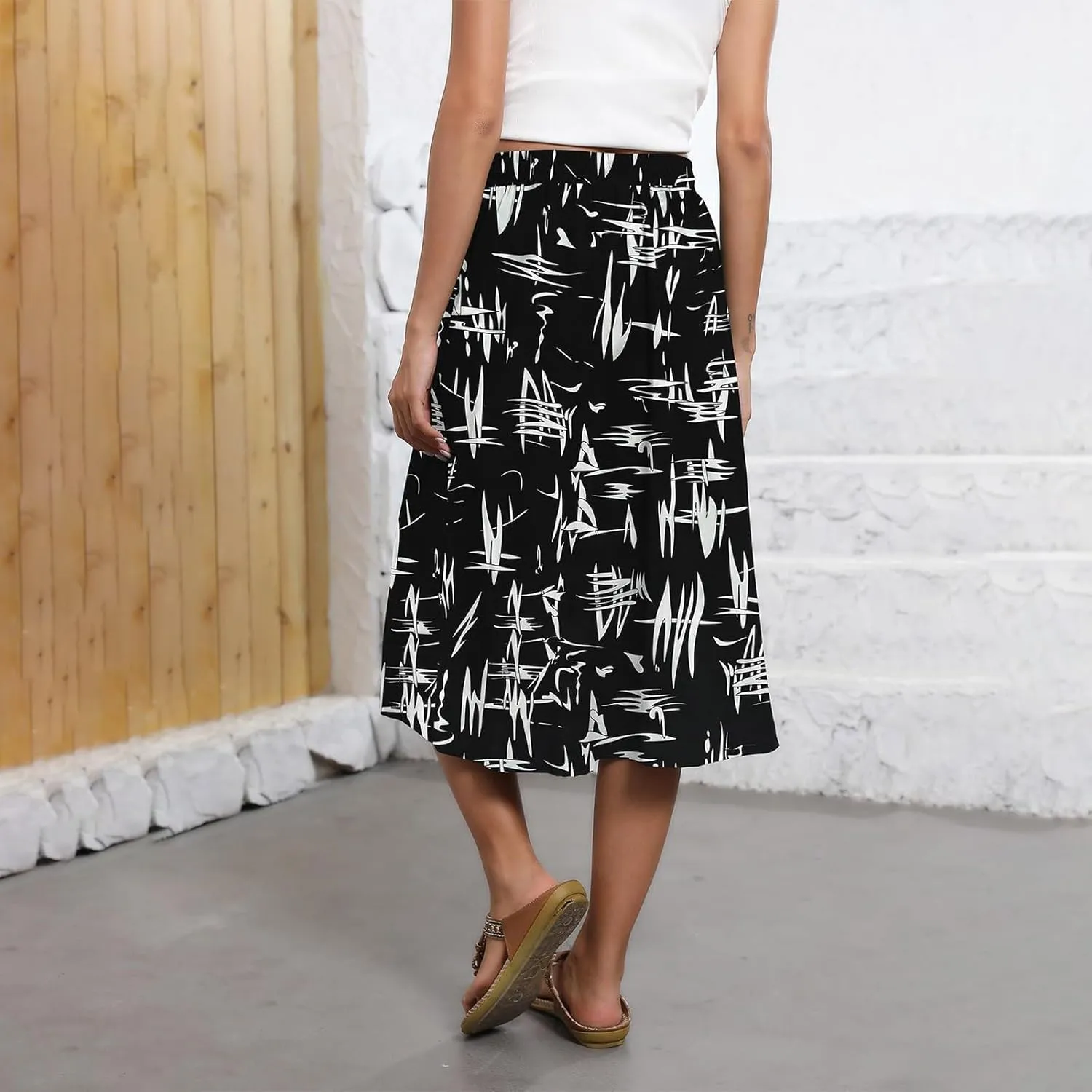 Boho Skirts for Women Trendy Summer Flowy Floral Midi Skirts with Pockets Lightweight Drawstring High Waisted Skirts