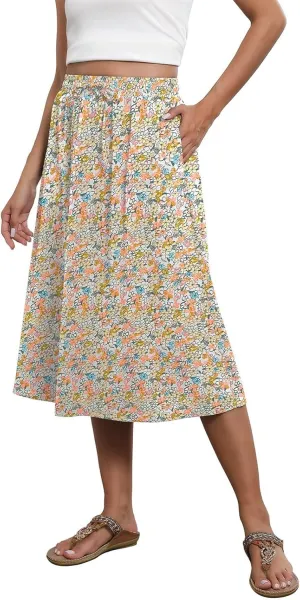 Boho Skirts for Women Trendy Summer Flowy Floral Midi Skirts with Pockets Lightweight Drawstring High Waisted Skirts