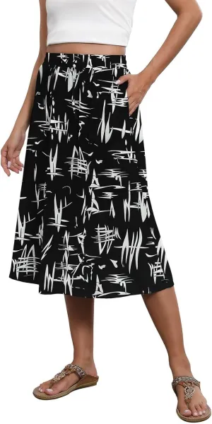 Boho Skirts for Women Trendy Summer Flowy Floral Midi Skirts with Pockets Lightweight Drawstring High Waisted Skirts