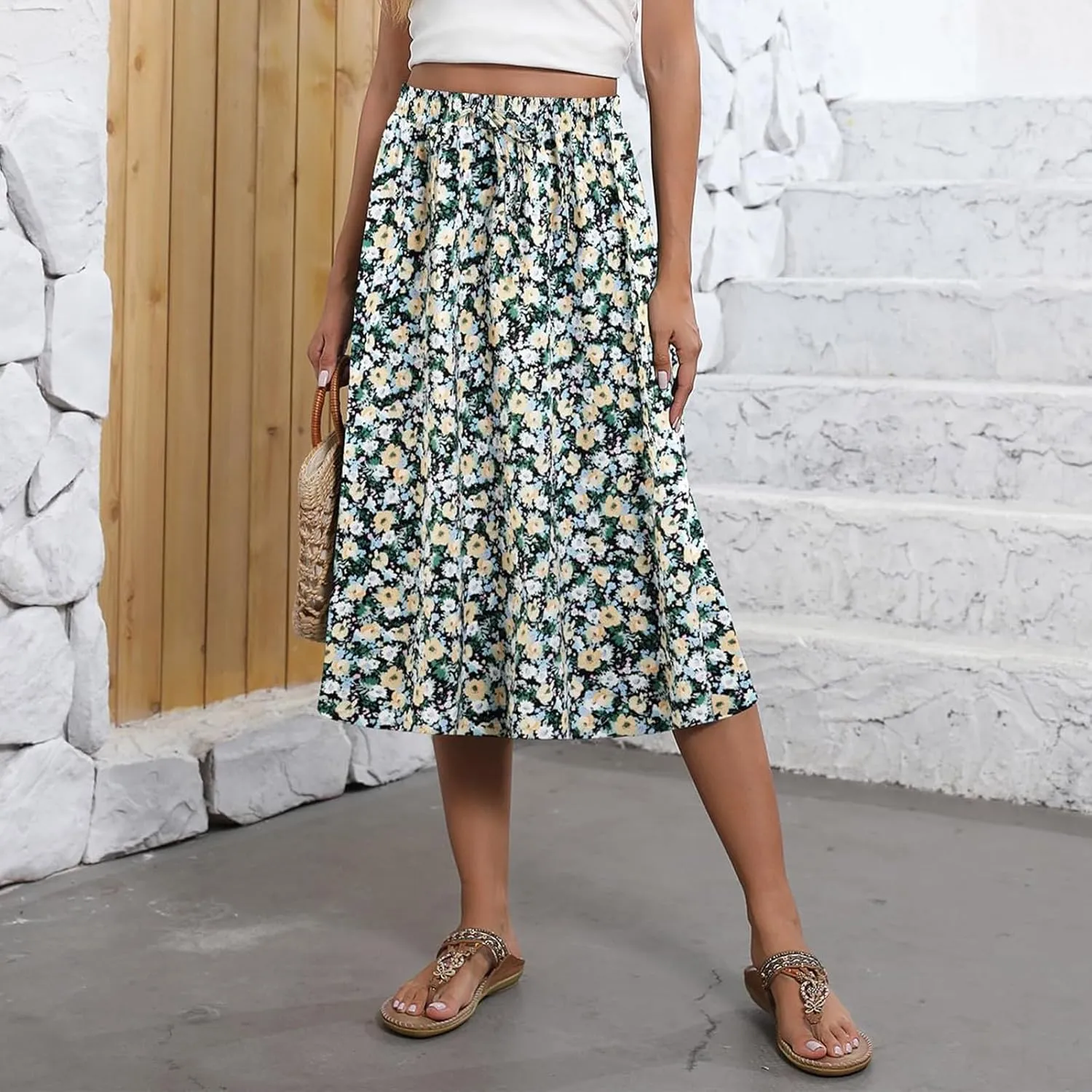 Boho Skirts for Women Trendy Summer Flowy Floral Midi Skirts with Pockets Lightweight Drawstring High Waisted Skirts