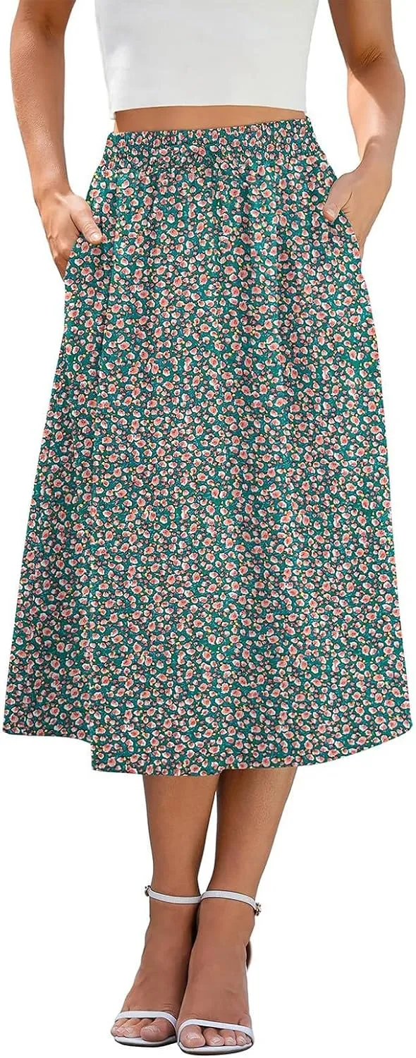 Boho Skirts for Women Trendy Summer Flowy Floral Midi Skirts with Pockets Lightweight Drawstring High Waisted Skirts