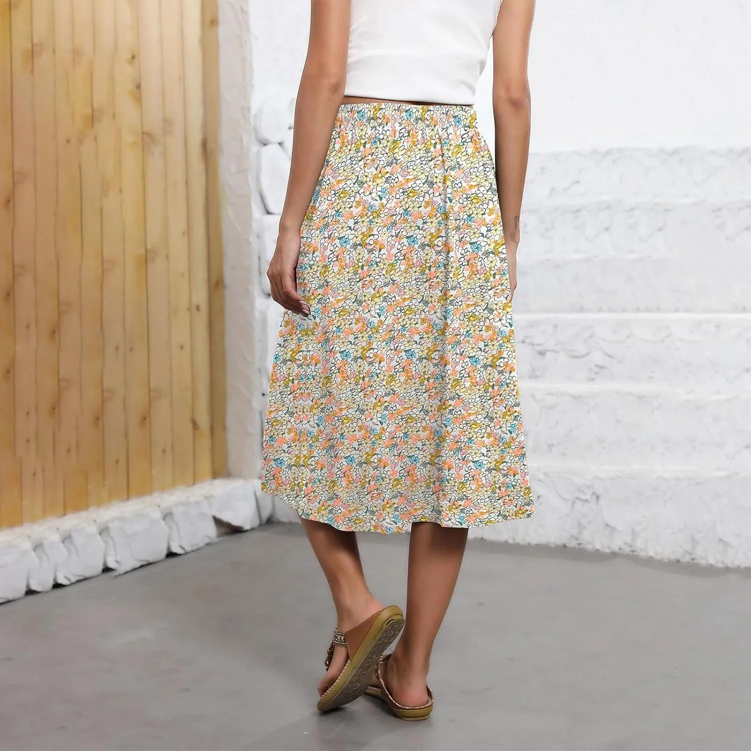 Boho Skirts for Women Trendy Summer Flowy Floral Midi Skirts with Pockets Lightweight Drawstring High Waisted Skirts