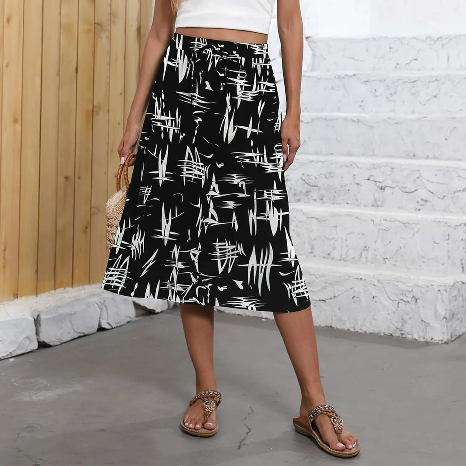 Boho Skirts for Women Trendy Summer Flowy Floral Midi Skirts with Pockets Lightweight Drawstring High Waisted Skirts