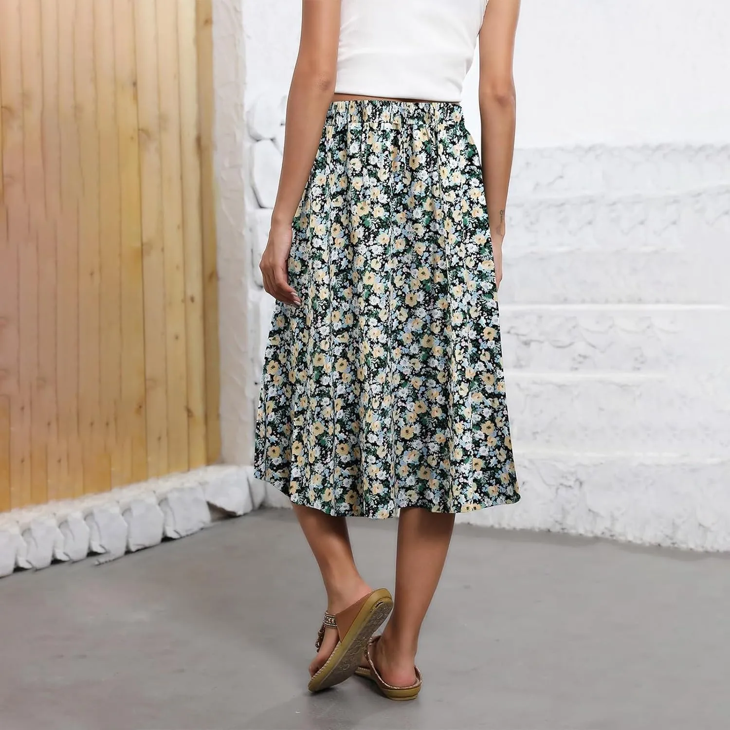 Boho Skirts for Women Trendy Summer Flowy Floral Midi Skirts with Pockets Lightweight Drawstring High Waisted Skirts