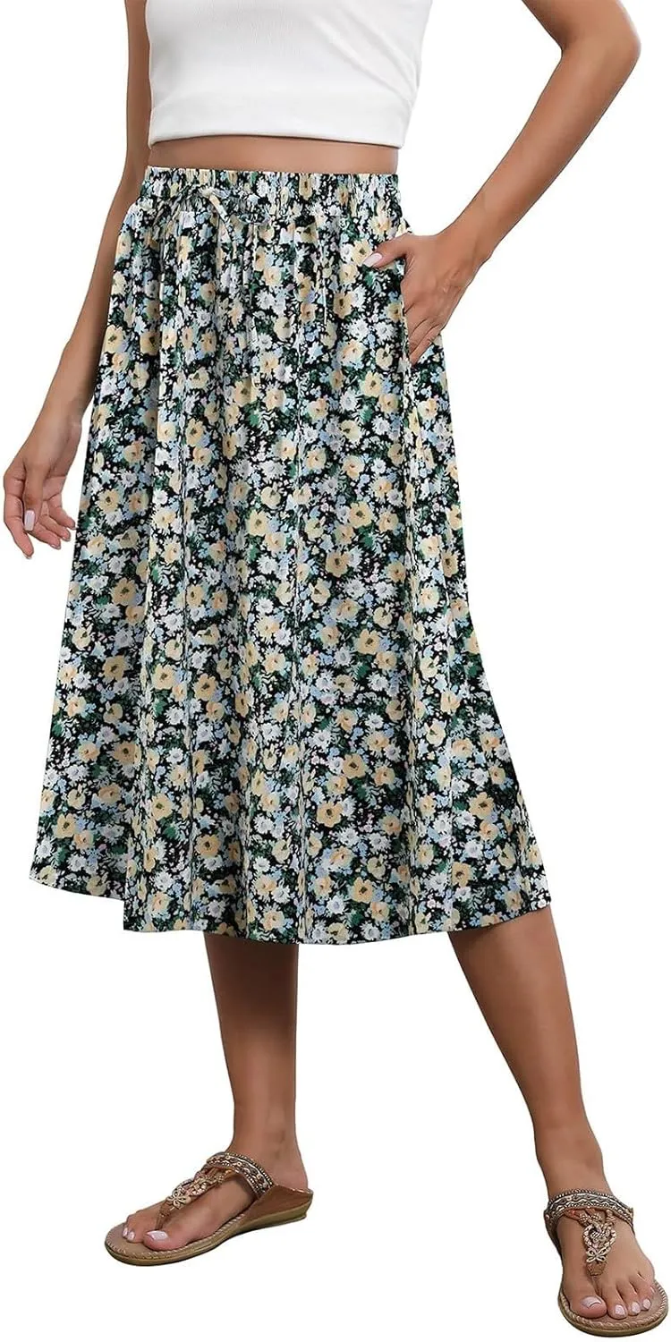 Boho Skirts for Women Trendy Summer Flowy Floral Midi Skirts with Pockets Lightweight Drawstring High Waisted Skirts