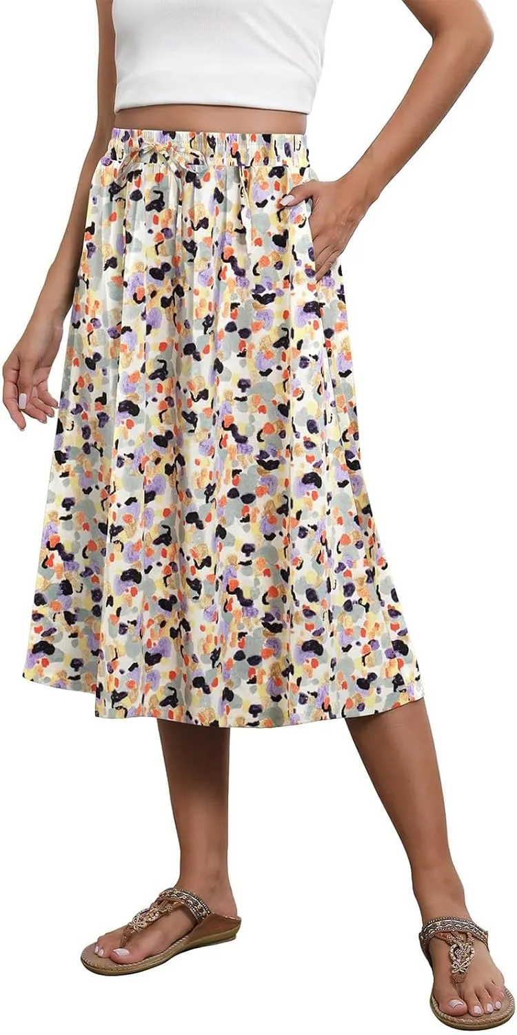 Boho Skirts for Women Trendy Summer Flowy Floral Midi Skirts with Pockets Lightweight Drawstring High Waisted Skirts