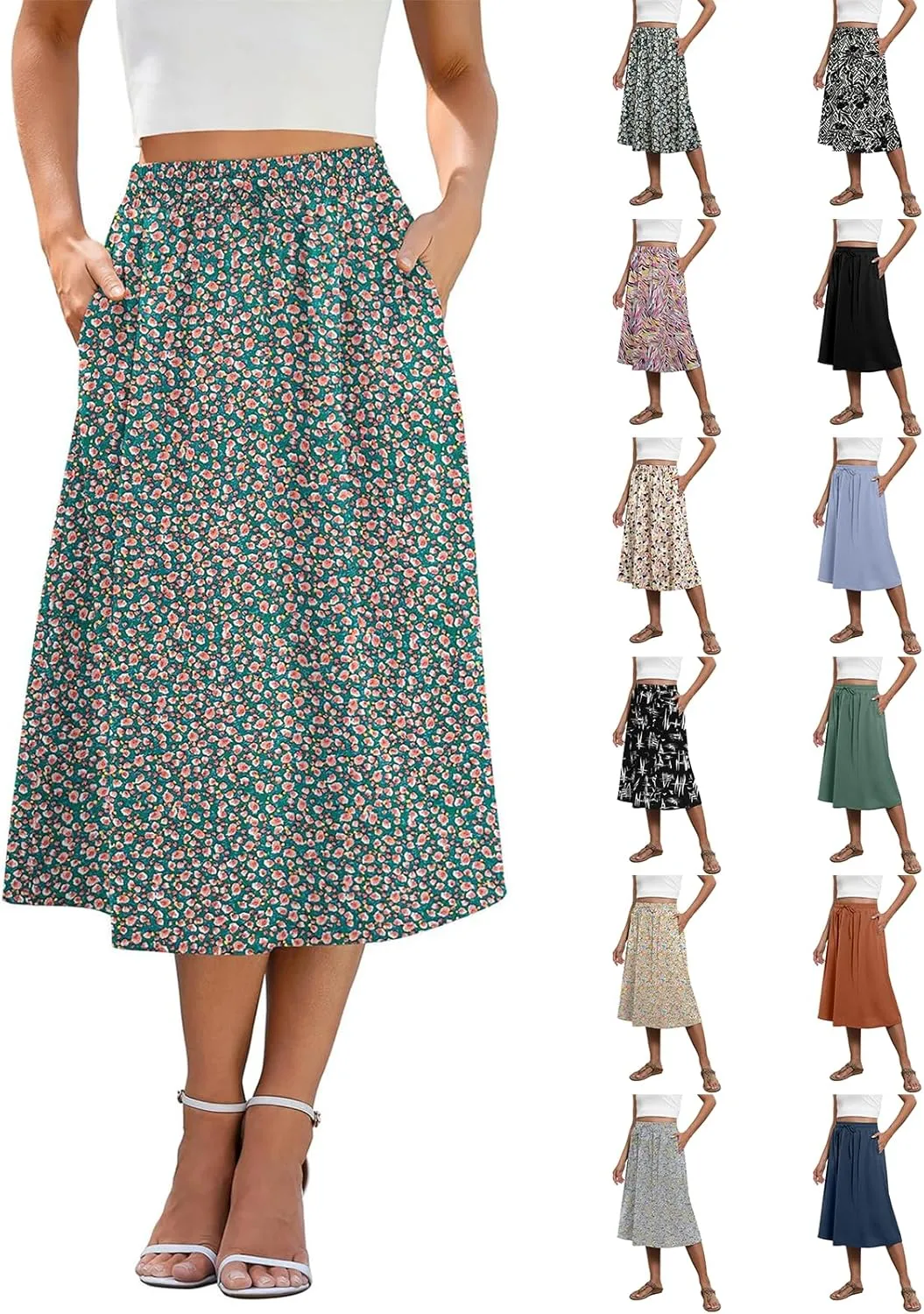 Boho Skirts for Women Trendy Summer Flowy Floral Midi Skirts with Pockets Lightweight Drawstring High Waisted Skirts