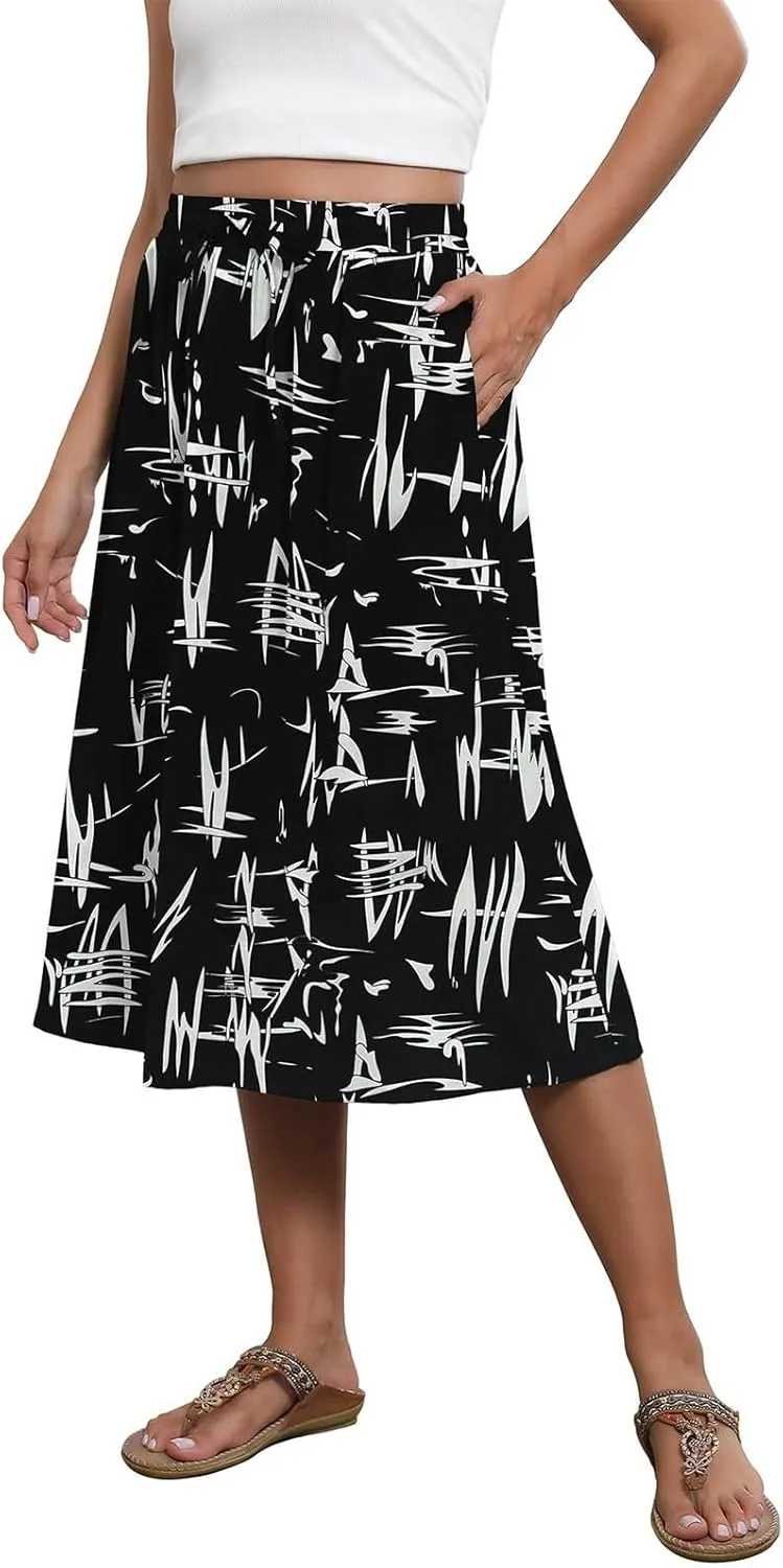 Boho Skirts for Women Trendy Summer Flowy Floral Midi Skirts with Pockets Lightweight Drawstring High Waisted Skirts