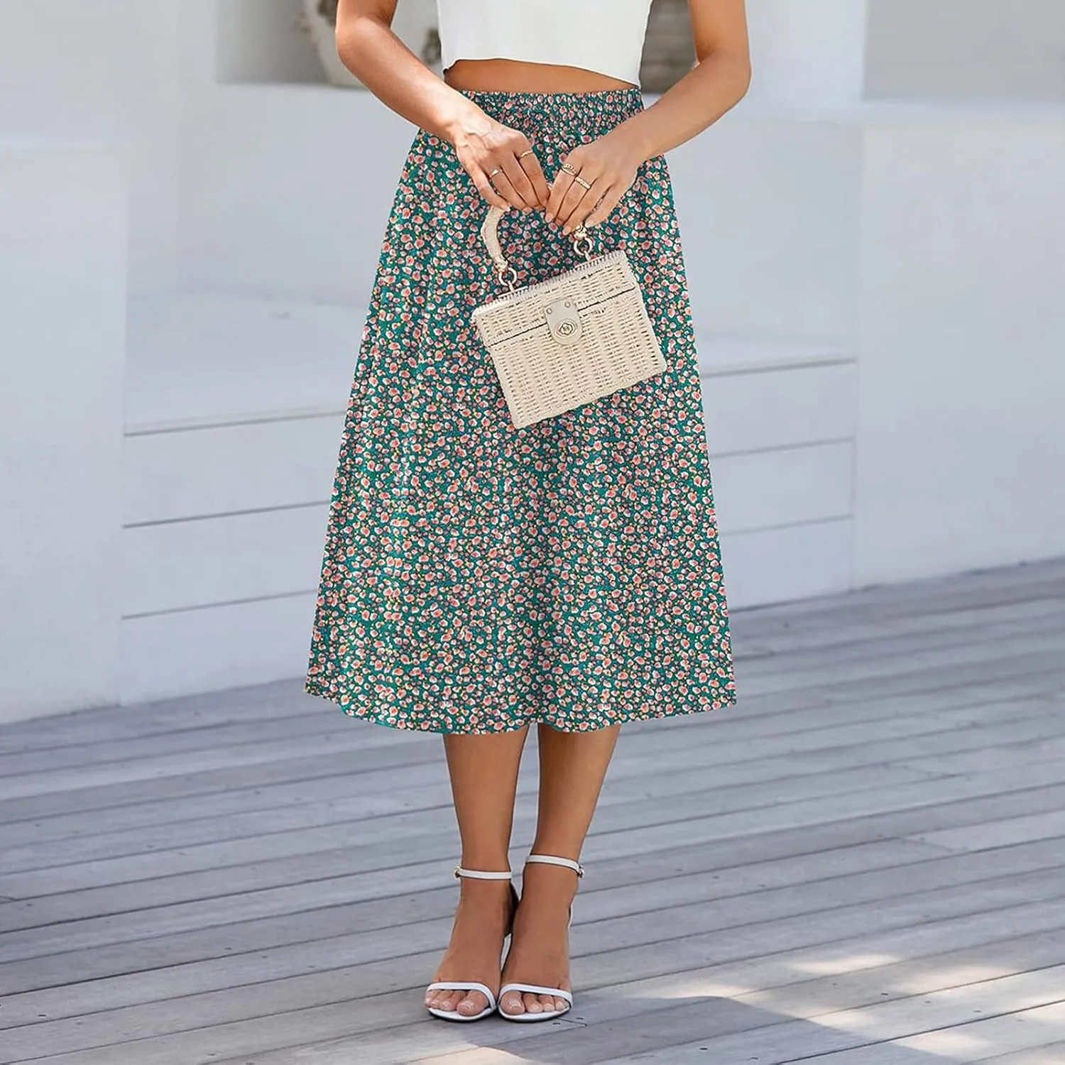 Boho Skirts for Women Trendy Summer Flowy Floral Midi Skirts with Pockets Lightweight Drawstring High Waisted Skirts