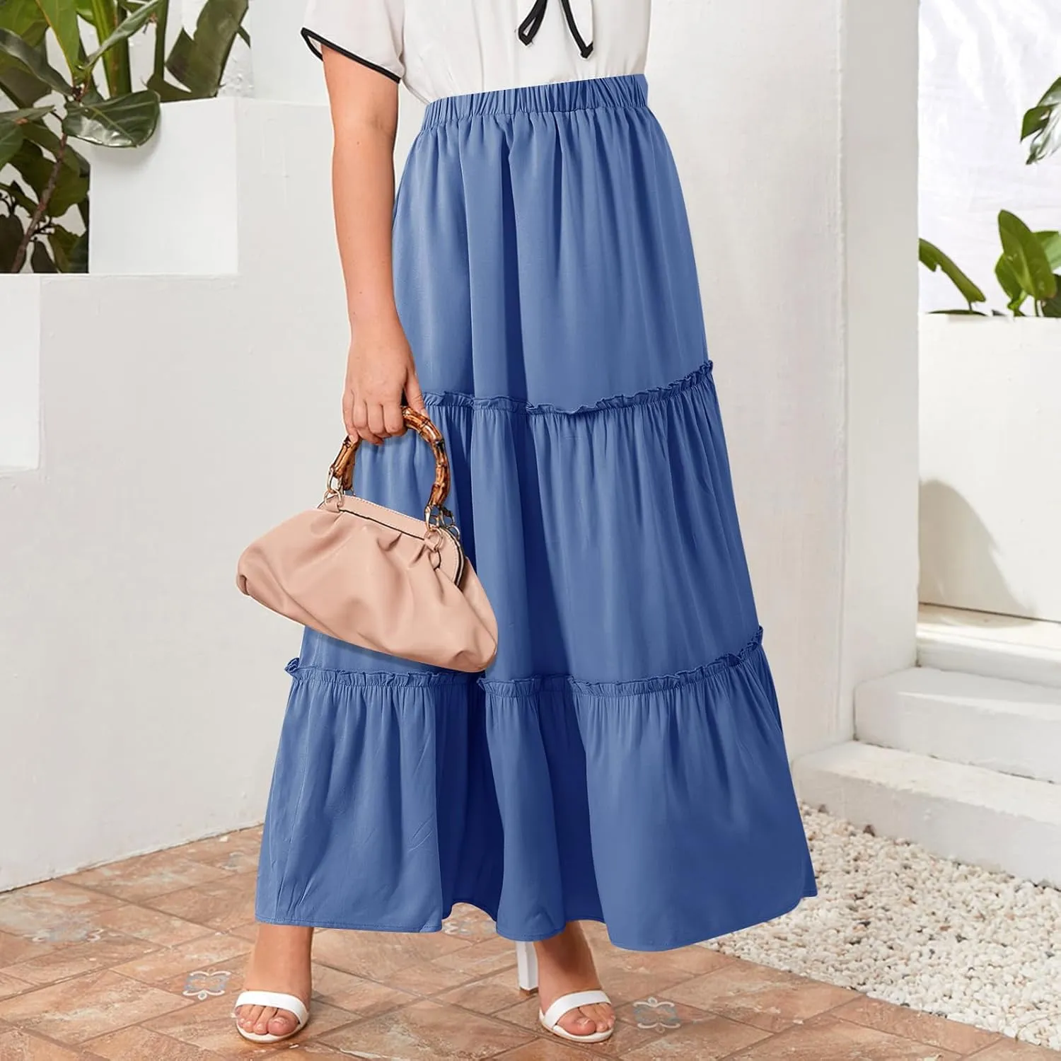 BOMAROLAN Women's Maxi Skirts Summer Elastic High Waist Boho Flowy Skirt A Line Long Skirts Ruffle Swing Beach Skirts