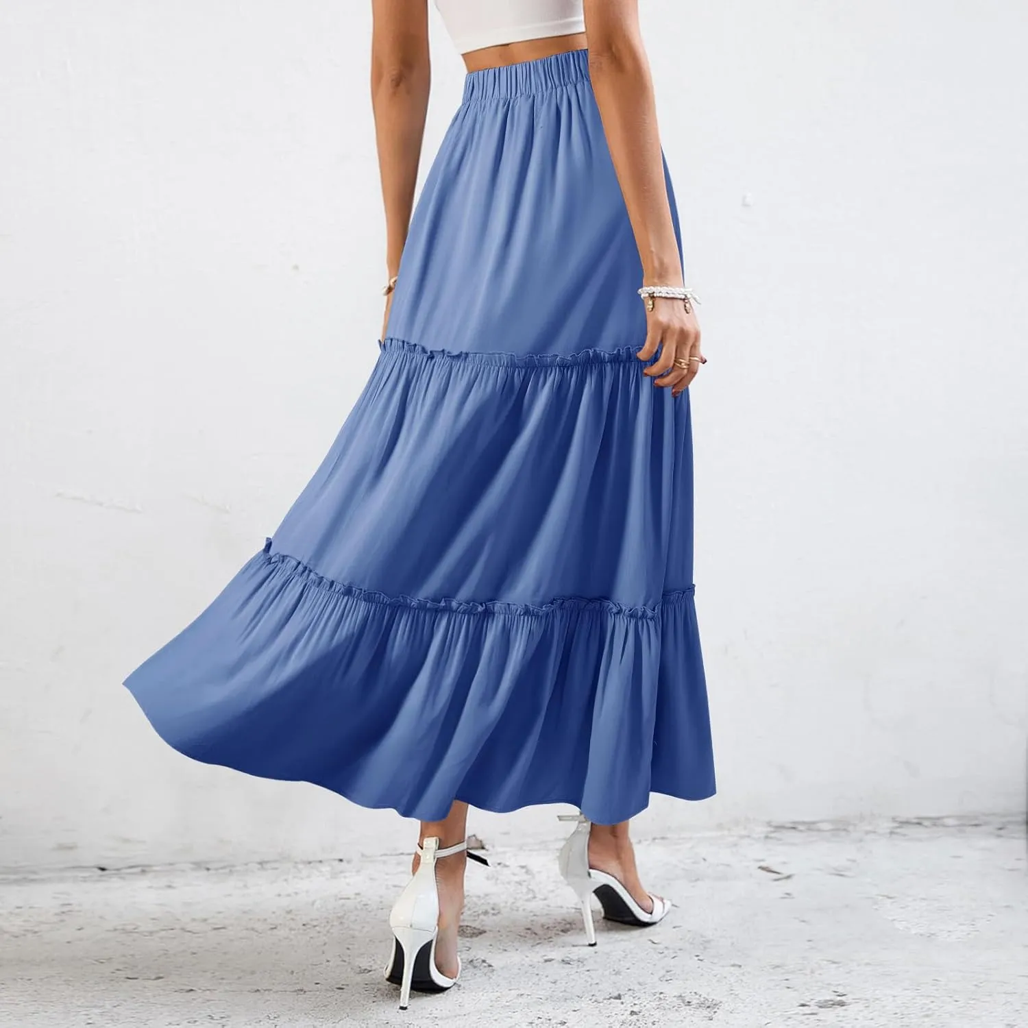 BOMAROLAN Women's Maxi Skirts Summer Elastic High Waist Boho Flowy Skirt A Line Long Skirts Ruffle Swing Beach Skirts