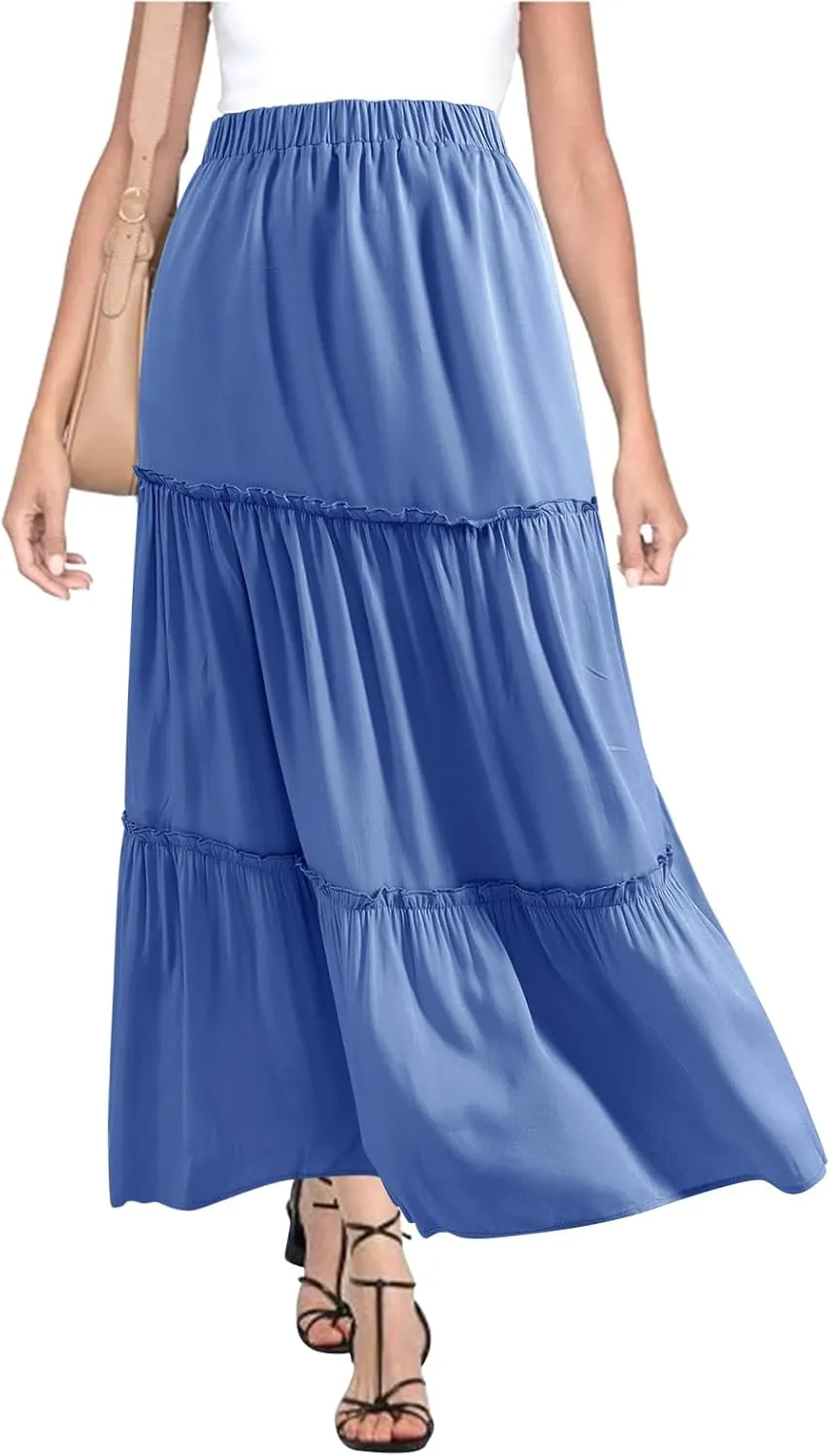 BOMAROLAN Women's Maxi Skirts Summer Elastic High Waist Boho Flowy Skirt A Line Long Skirts Ruffle Swing Beach Skirts