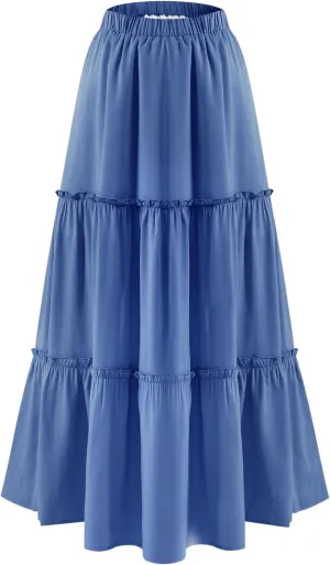 BOMAROLAN Women's Maxi Skirts Summer Elastic High Waist Boho Flowy Skirt A Line Long Skirts Ruffle Swing Beach Skirts